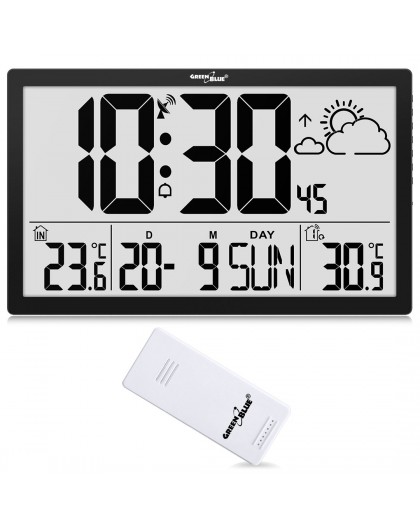 GreenBlue GB218 Extra Large LCD Wall Clock with Weather Station Temperature and Date Display