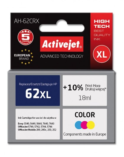Activejet AH-62CRX ink (replacement for HP 62XL C2P07AE Premium 18 ml color)