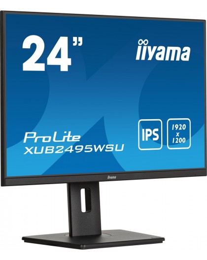 iiyama ProLite 24” 3-side borderless monitor featuring IPS (In-Plane-Switching) panel with a 16:10 aspect ratio and height-adjus