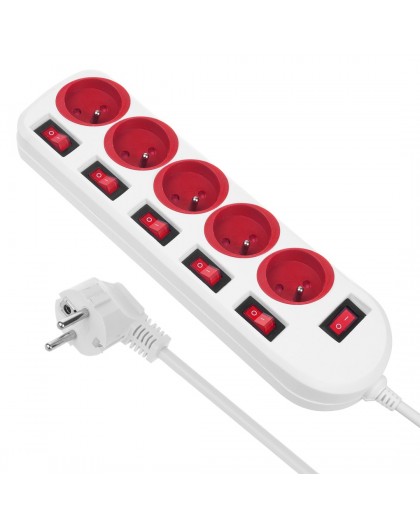 Maclean power strip, 5 socket extension cable, with switches, 250VAC/10A, 1.5m, MCE204 R/W