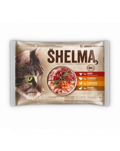 SHELMA Rich in chicken, turkey, beef and duck - wet cat food - 4x85g