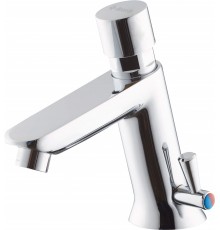 Timed washbasin mixer with temperature control - without closing the drain