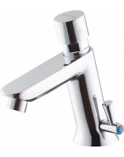 Timed washbasin mixer with temperature control - without closing the drain