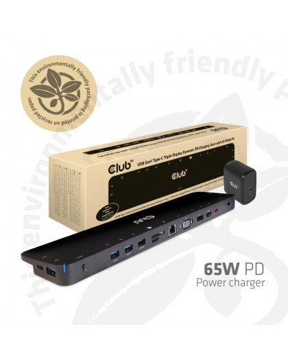 CLUB3D UNIVERSAL USB Gen1 Type-C Triple Display Dynamic PD Charging Dock with 65 Watt PS ( VGA, HDMI, DP, ETHERNET)