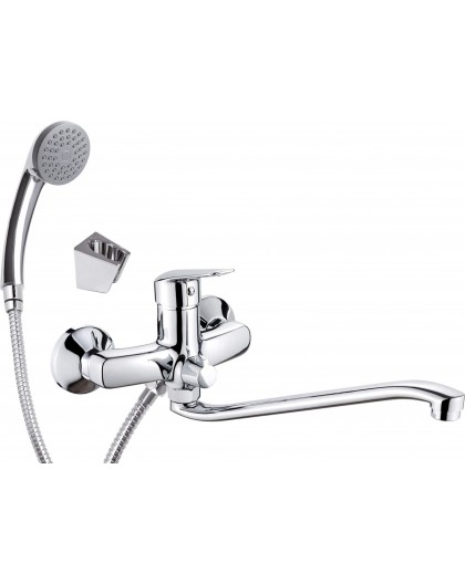 Wall-mounted washbasin mixer with extended spout - hose and shower set connection