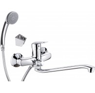 Wall-mounted washbasin mixer with extended spout - hose and shower set connection