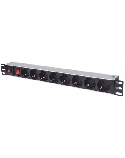 Intellinet 19" 1U Rackmount 8-Way Power Strip - German Type, With On/Off Switch and Overload Protection, 3m Power Cord (Euro 2-p