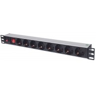 Intellinet 19" 1U Rackmount 8-Way Power Strip - German Type, With On/Off Switch and Overload Protection, 3m Power Cord (Euro 2-p