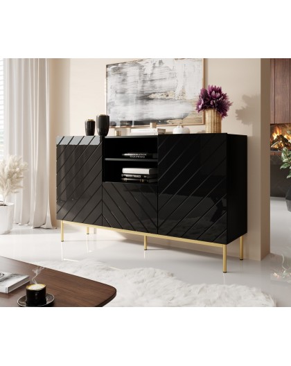 ABETO chest of drawers on golden steel frame 150x42x90 black/black gloss