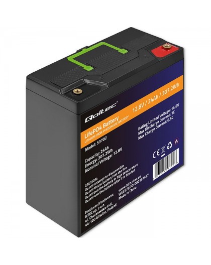 Qoltec LiFePO4 Lithium Iron Phosphate Battery | 12.8V | 24Ah | 307.2Wh | BMS