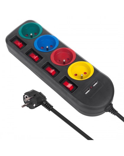 Maclean power strip, 4-socket extension cable + 2xUSB, with switches, 250VAC/10A, 2.1A 5V, 1.5m, black, MCE229 B