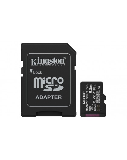 Kingston Technology 64GB microSDXC Canvas Select Plus Gen3 100MB/s A1 Card + Adapter