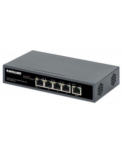 Intellinet 5-Port Gigabit Switch with PoE Passthrough, One IEEE 802.3bt (PoE++ / 4PPoE) PD PoE Port with 95 W Power Input, Four 