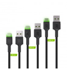 Green Cell Set 3x GC Ray USB-C Cable 30cm, 120cm, 200cm with green LED backlight, fast charging UC, QC 3.0