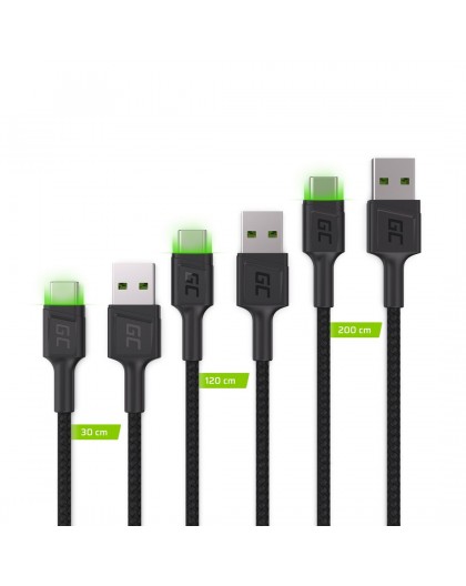 Green Cell Set 3x GC Ray USB-C Cable 30cm, 120cm, 200cm with green LED backlight, fast charging UC, QC 3.0