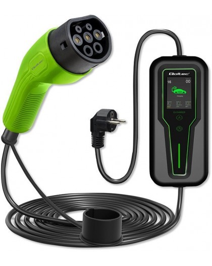 Qoltec 52465 Mobile charger for EV 2-in-1 Type2 with regulation | 3.5kW | 230V | LCD | Portable | Wallbox | 5m