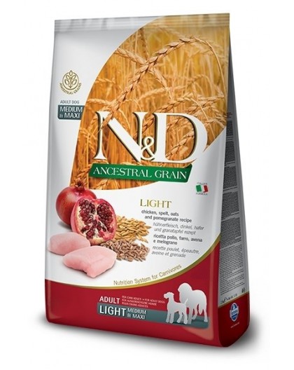 FARMINA N&D ANCESTRAL GRAIN DOG LIGHT - CHICKEN. SPELT.OATS AND POMEGRANATE ADULT MEDIUM & MAXI 12kg