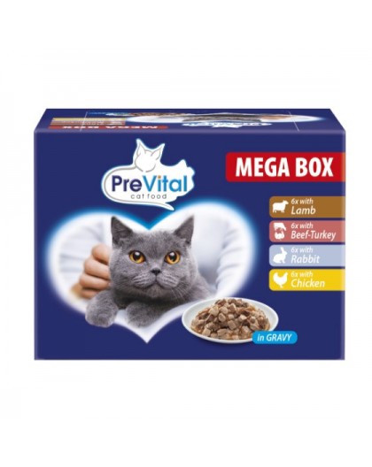 PREVITAL Cat Food Megabox with Lamb, Beef, Rabbit, and Chicken in Gravy - Wet Cat Food - 24 x 100g