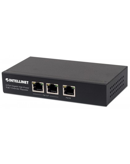 Intellinet 2-Port Gigabit High-Power PoE+ Extender Repeater, IEEE 802.3at/af Power over Ethernet (PoE+/PoE), metal
