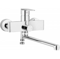 Wall-mounted washbasin and bath mixer with extended spout - hose connection