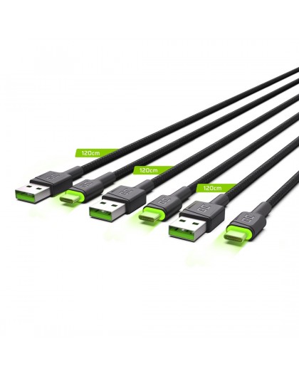 Green Cell Set 3x Ray USB-C 120cm Cable with green LED backlight, fast charging Ultra Charge, QC 3.0