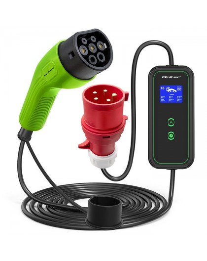Qoltec Mobile EV Car Charger Adjustable 2in1 Type2 | 11kW | CEE 5 PIN | LCD | 3 phases | Portable | Wallbox | 5m