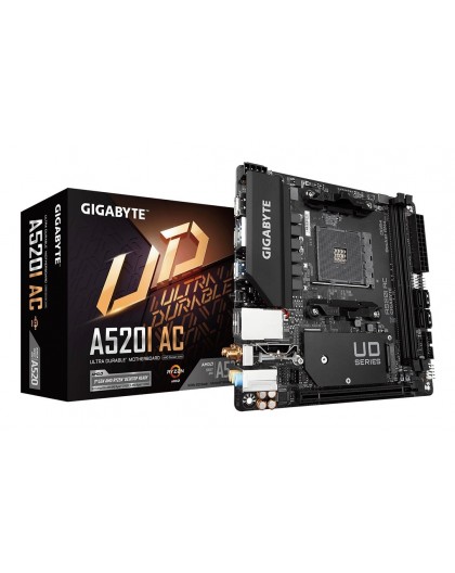 GIGABYTE A520I AC Motherboard - Supports AMD Ryzen 5000 Series AM4 CPUs, 6 Phases Digital VRM, up to 5300MHz DDR4 (OC), 1xPCIe 3