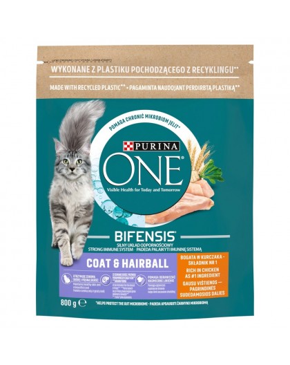PURINA One Bifensis Coat & Hairball Chicken - dry cat food - 800 g