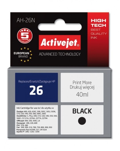 Activejet AH-26N Ink cartridge (replacement for HP 26 C51626A Supreme 40 ml black)