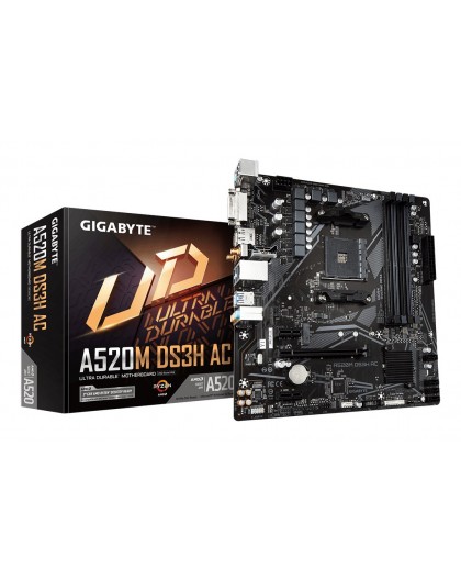 GIGABYTE A520M DS3H AC Motherboard - AMD Ryzen 5000 Series CPUs, 5+3 Phases VRM, up to 4733MHz DDR5 (OC), 1xPCIe 3.0 M.2, GbE LA