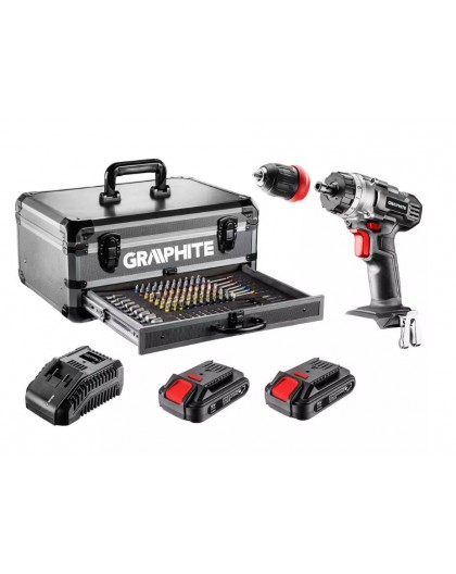 Graphite Energy+ set in aluminum case: drill/driver with removable chuck, 2 2.0Ah batteries, charger and 109 accessories