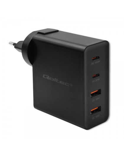 Qoltec GaN POWER PRO Charger | 2xUSB-C | 2xUSB | 130W | 5-20V | 1.5-5A | XP | Black
