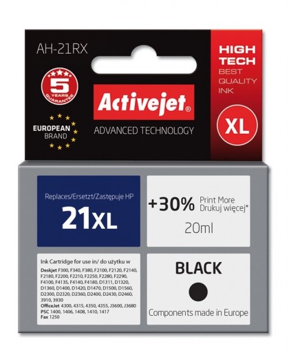 Activejet AH-21RX Ink (replacement for HP 21XL C9351A Premium 20 ml black)