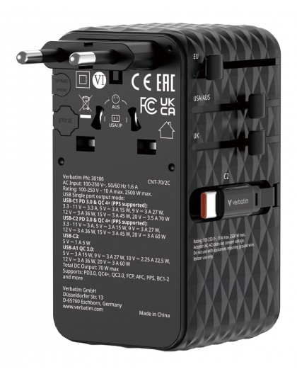 Verbatim Charge 'n' Travel 70W 2C retractable Universal Travel Adapter Black