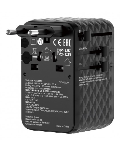 Verbatim Charge 'n' Travel 100W Universal Travel Adapter with retractable cable Black