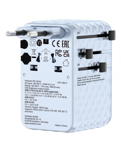 Verbatim Charge 'n' Travel 100W Universal Travel Adapter with retractable cable Blue