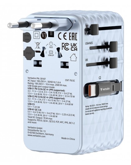 Verbatim Charge 'n' Travel 70W 2C retractable Universal Travel Adapter Blue