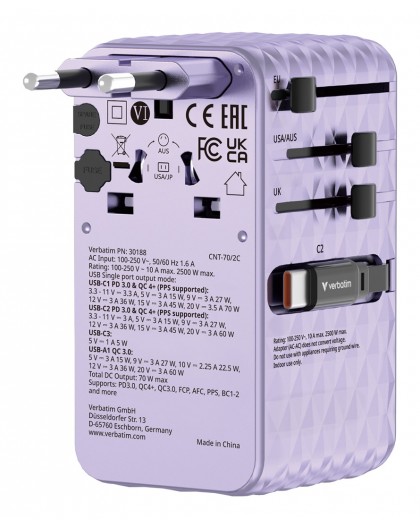 Verbatim Charge 'n' Travel 70W 2C retractable Universal Travel Adapter Purple