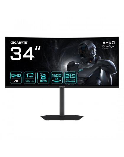 GIGABYTE GS34WQCA 34" WQHD Curved Gaming Monitor - 3440 x 1440, 1500R, 120Hz, 1ms, 300 cd/m², FreeSync Premium, HDR Ready, HDMI 