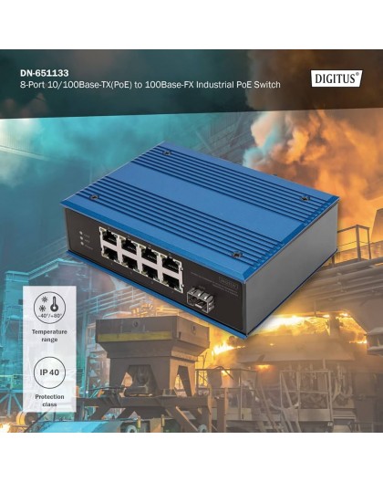 Industrial switch 8x 100Base-TX PoE 240W DIN