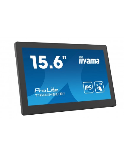 iiyama 15.6” Full HD PCAP 10pt touchscreen monitor with IPS panel technology, integrated media player and a hinged stand on the 