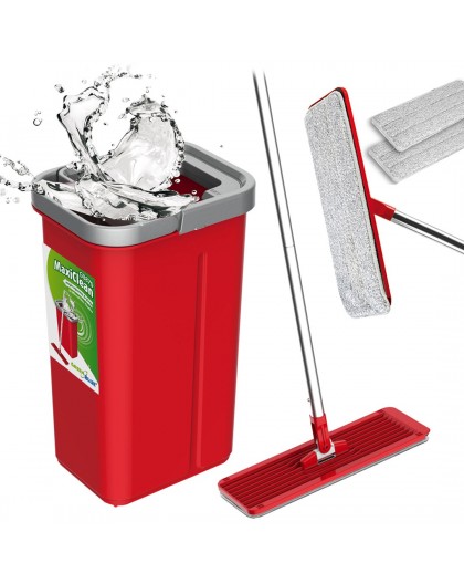 Flat Mop + Bucket + Telescopic Pole + 2 x Microfibre Pad 5.7L Floor Cleaning XXL Set Rotating Head