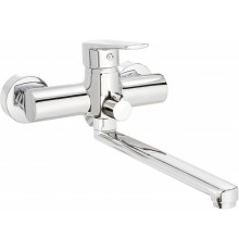 Wall-mounted washbasin and bath mixer with extended spout - hose connection