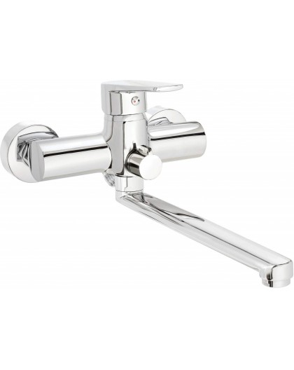 Wall-mounted washbasin and bath mixer with extended spout - hose connection