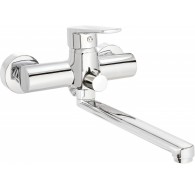 Wall-mounted washbasin and bath mixer with extended spout - hose connection