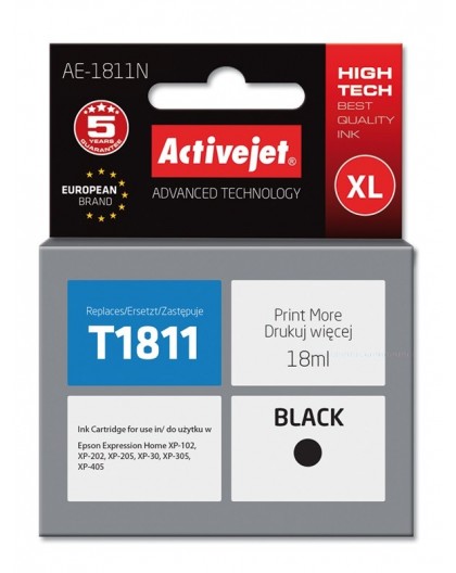 Activejet AE-1811N Ink Cartridge (Replacement for Epson 18XL T1811 Supreme 18 ml black)