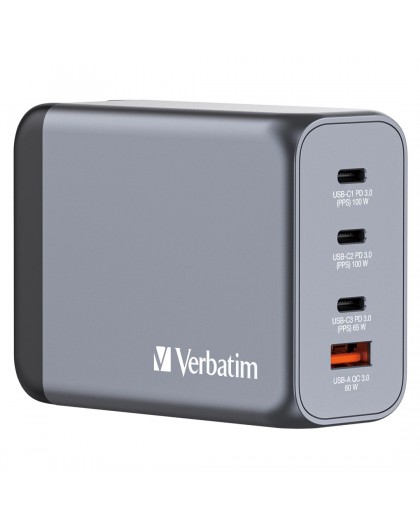 Verbatim GNC-200 GaN Charger 200W with 2 x USB-C PD 100W / 1 x USB-C PD 65W / 1 x USB QC 3.0 (EU/UK/US)