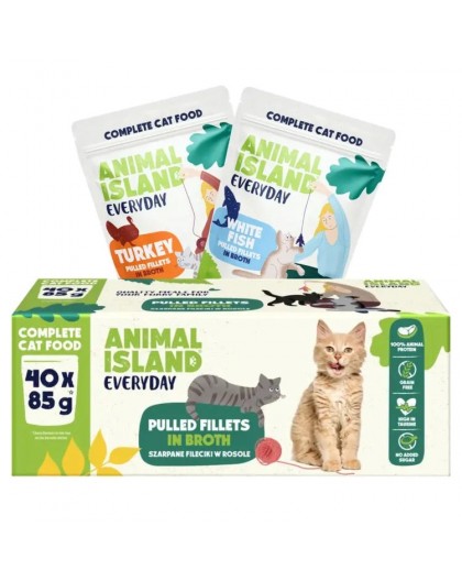 ANIMAL ISLAND Iga igapäevane kalkuni ja valge kala filee puljongis - kuiv kassitoit - 40 x 85g