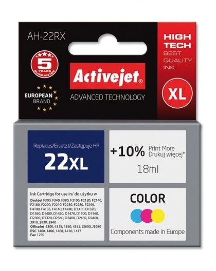 Activejet AH-22RX Ink (replacement for HP 22XL C9352A Premium 18 ml color)