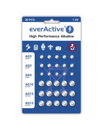 Mini alkaline battery Set everActive 10 x G3 / LR41, 5 x G4 / LR626, 5 x G10 / LR1130, 10 x G13 / LR1154
